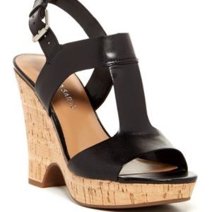 Franco Sarto black leather/tan wedges